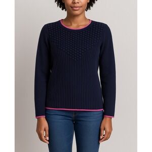 Talbots Women's Sweater M Navy Blue Textured Knit Pullover‎ Pink Trim Crewneck